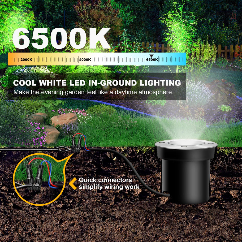 4Pack 3W Low Voltage Landscape Lights with Connectors 12-24V LED In-Ground Lights IP67 Waterproof Garden Lighting