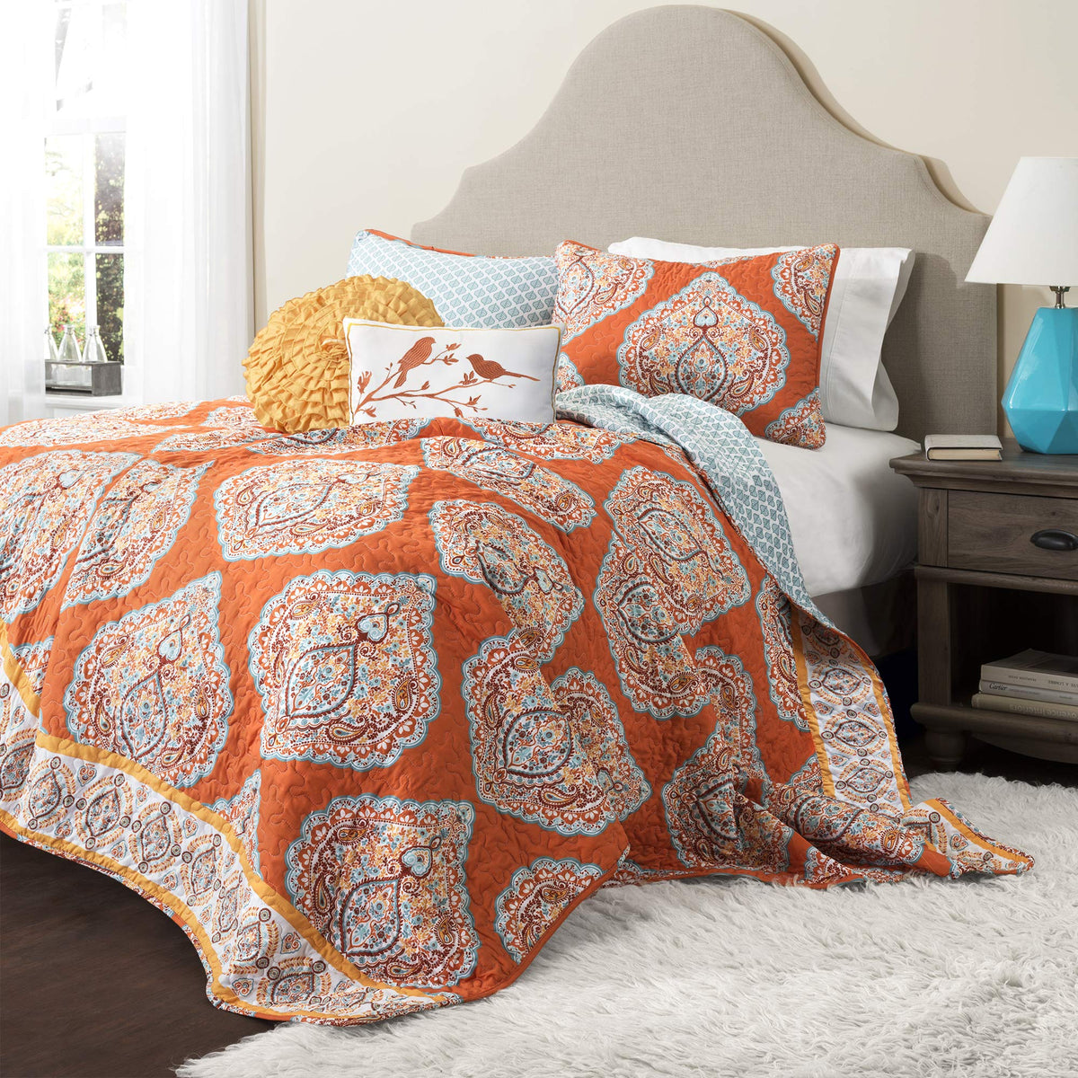 Harley Reversible Quilt Set, 5 Piece Set, King, Tangerine - Boho Bedding Set - Orange Quilt - Bold & Colorful Paisley