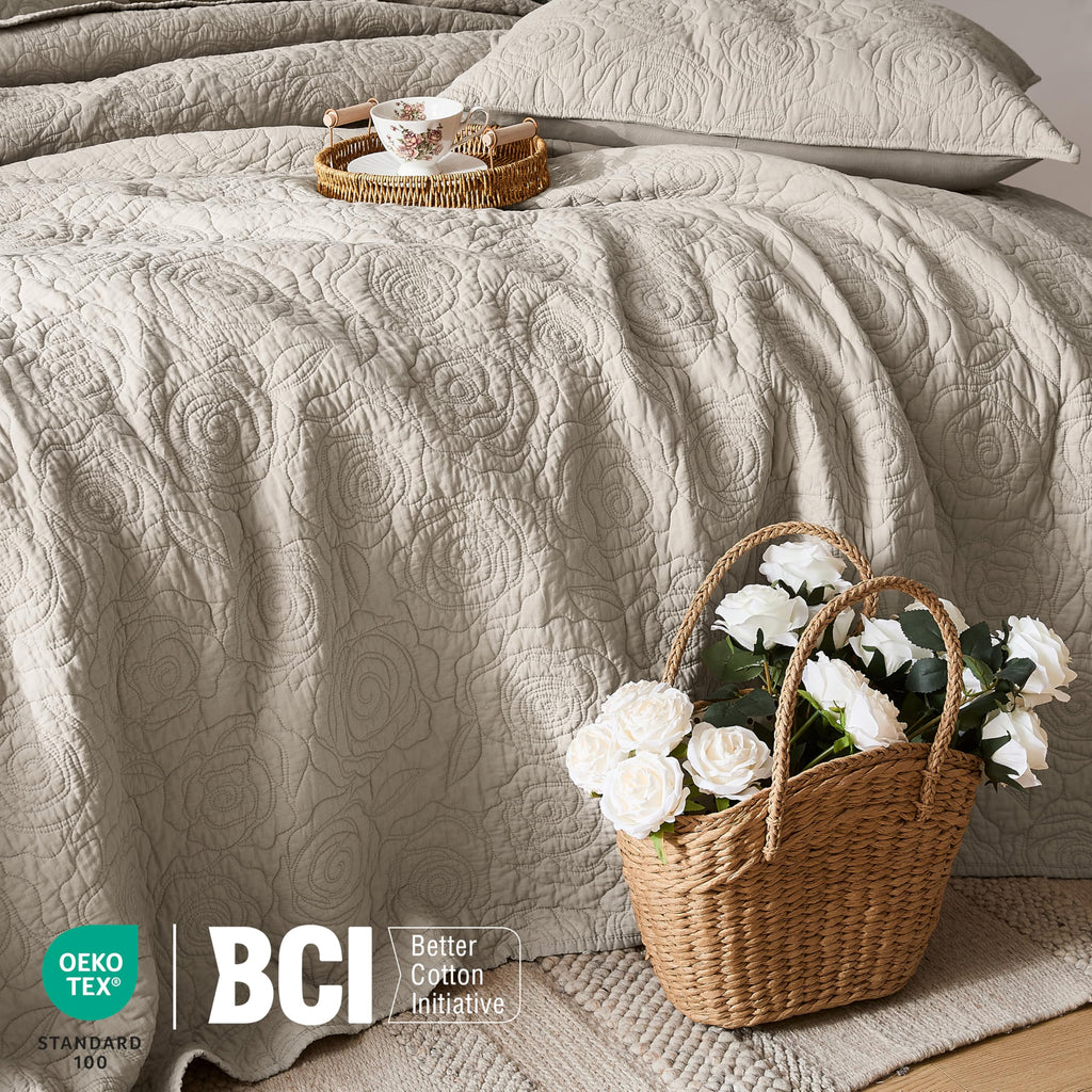 Beige 100% Cotton Quilt Bedding Sets with 2 Pillow Shams, Floral Rosette Lightweight Bedspread Soft