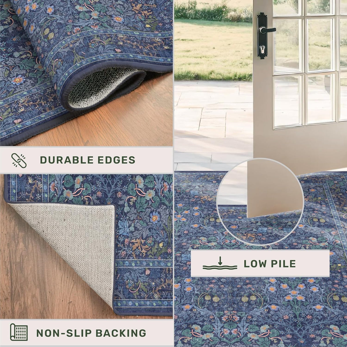Vintage Dark Blue Area Rugs Beside Rug, Kitchen, Laundry Room, Non-Slip Low Pile Ultra Soft Stain Resistant Small