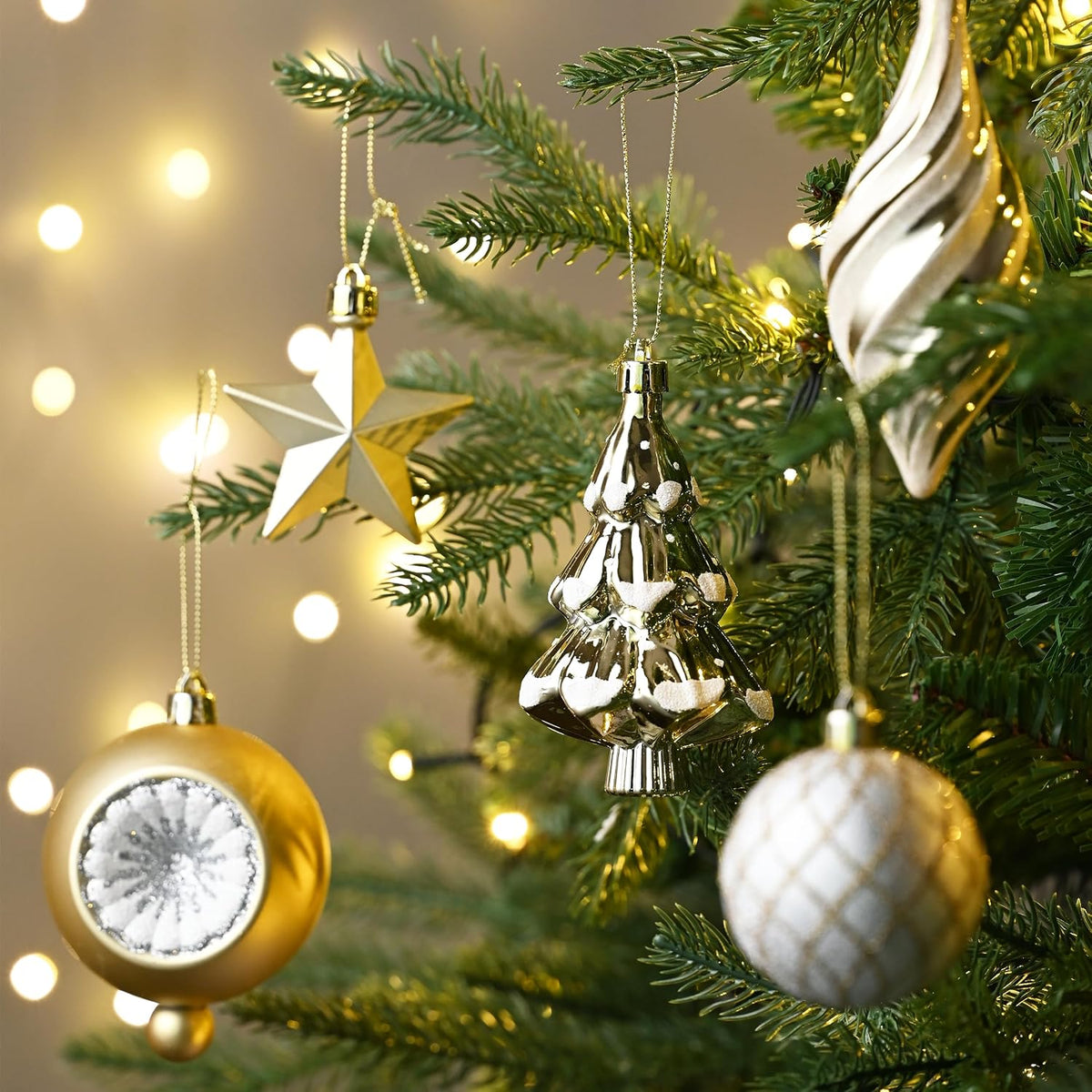 Christmas Ball Ornaments, 100ct White and Gold Shatterproof Christmas Tree Decorations Set, Elegant Hanging Ornaments
