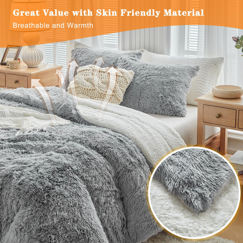 Gray Faux Fur Comforter Set 3 Pieces - 1 Shaggy Comforter 104x90 and 2 Pillowcases, Ultra Soft and Easy Care