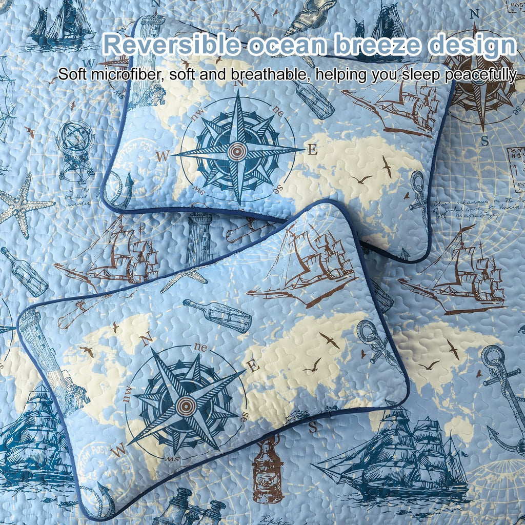 Ocean Coastal Quilt, 3 Pcs Beach Theme Bedspread Bedding Set