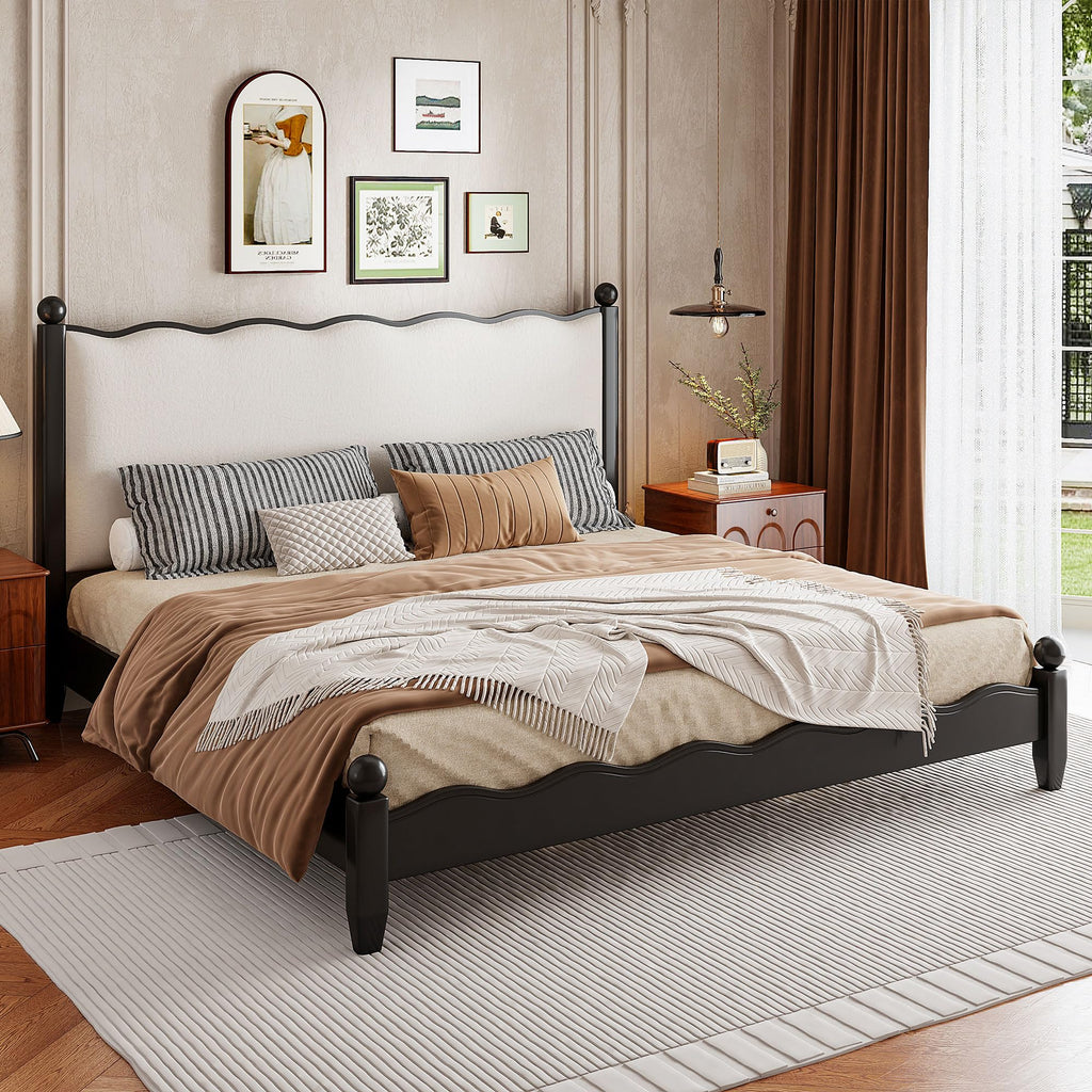 Modern Solid Wood Bed Frame with Upholstered Headboard, Queen Size Rustic Platform Frame with Sturdy Wood Legs/No Box