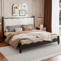 Modern Solid Wood Bed Frame with Upholstered Headboard, Queen Size Rustic Platform Frame with Sturdy Wood Legs/No Box