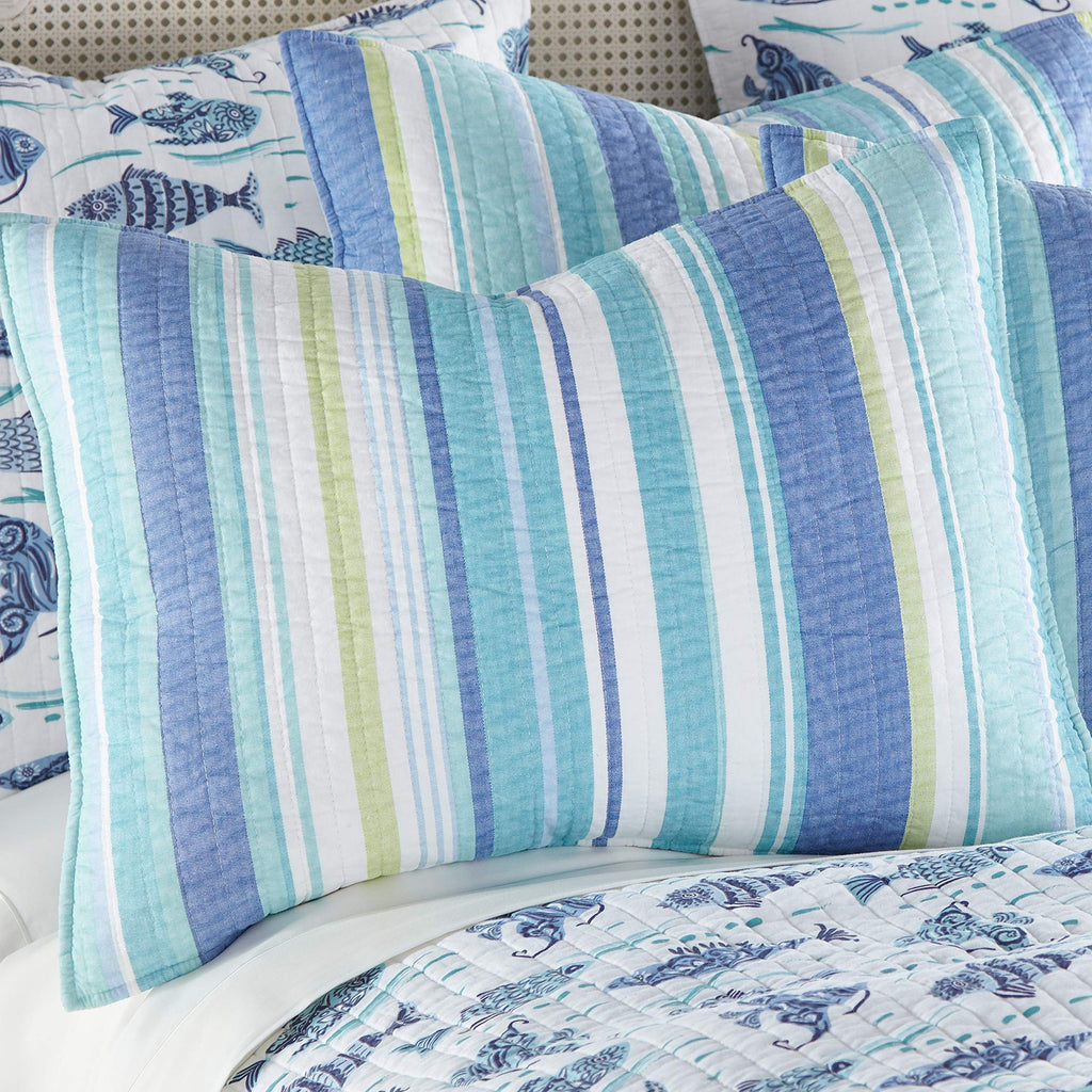 Laida Beach Quilt Set - Quilt + Two Standard Pillow Shams - Coastal Stripe - Green, Blue, White - Quilt