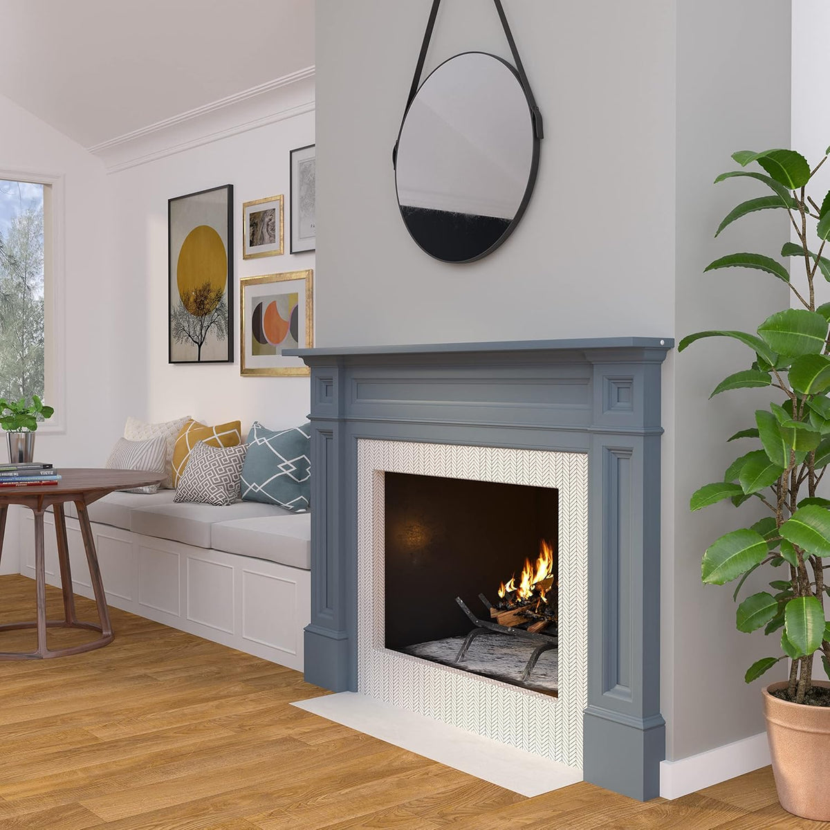 Rich Architectural Quality Wood Mantel Surround, 56"W 42"H, Unfinished