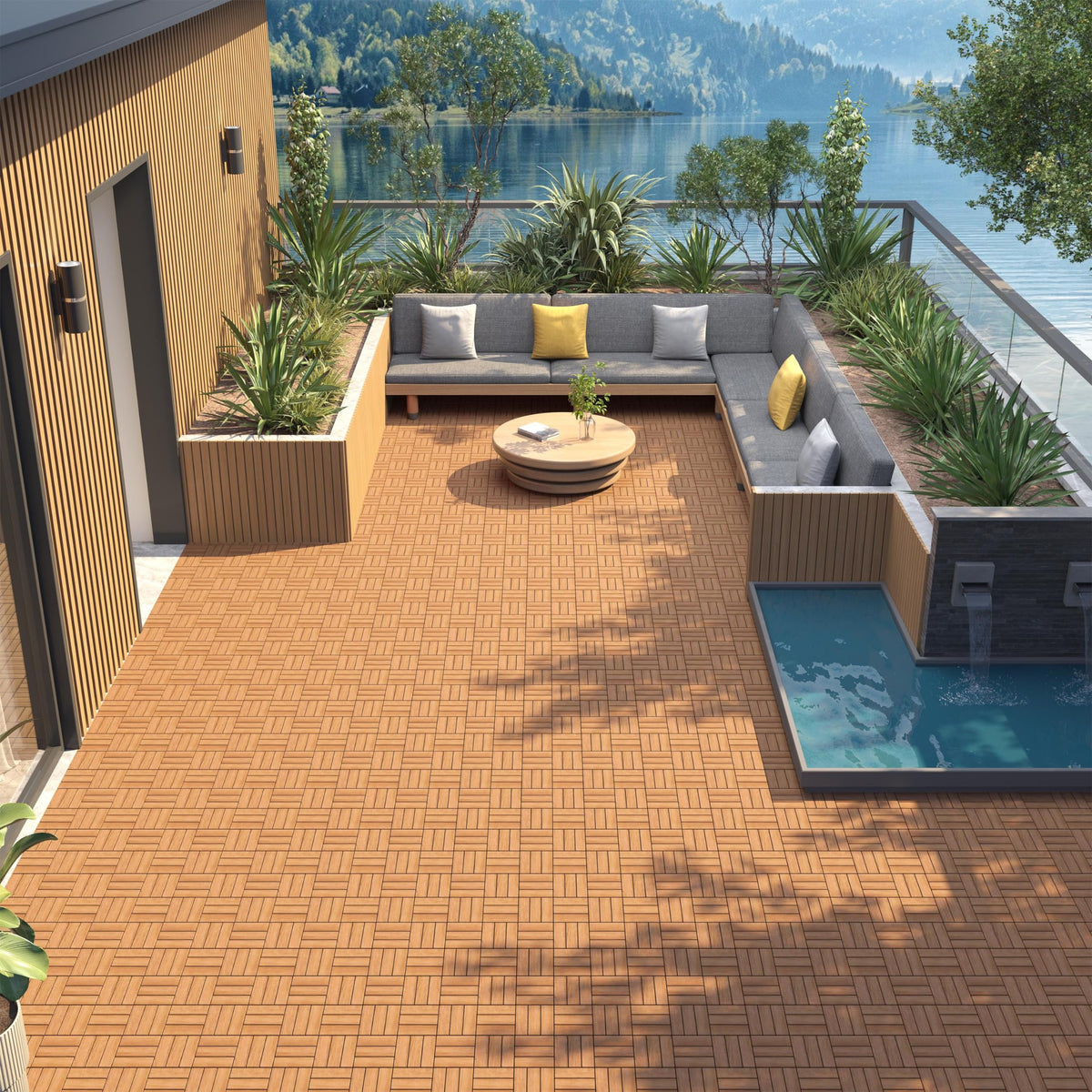 54PCS Acacia Wood Deck Tiles Interlocking Patio Flooring, Wood