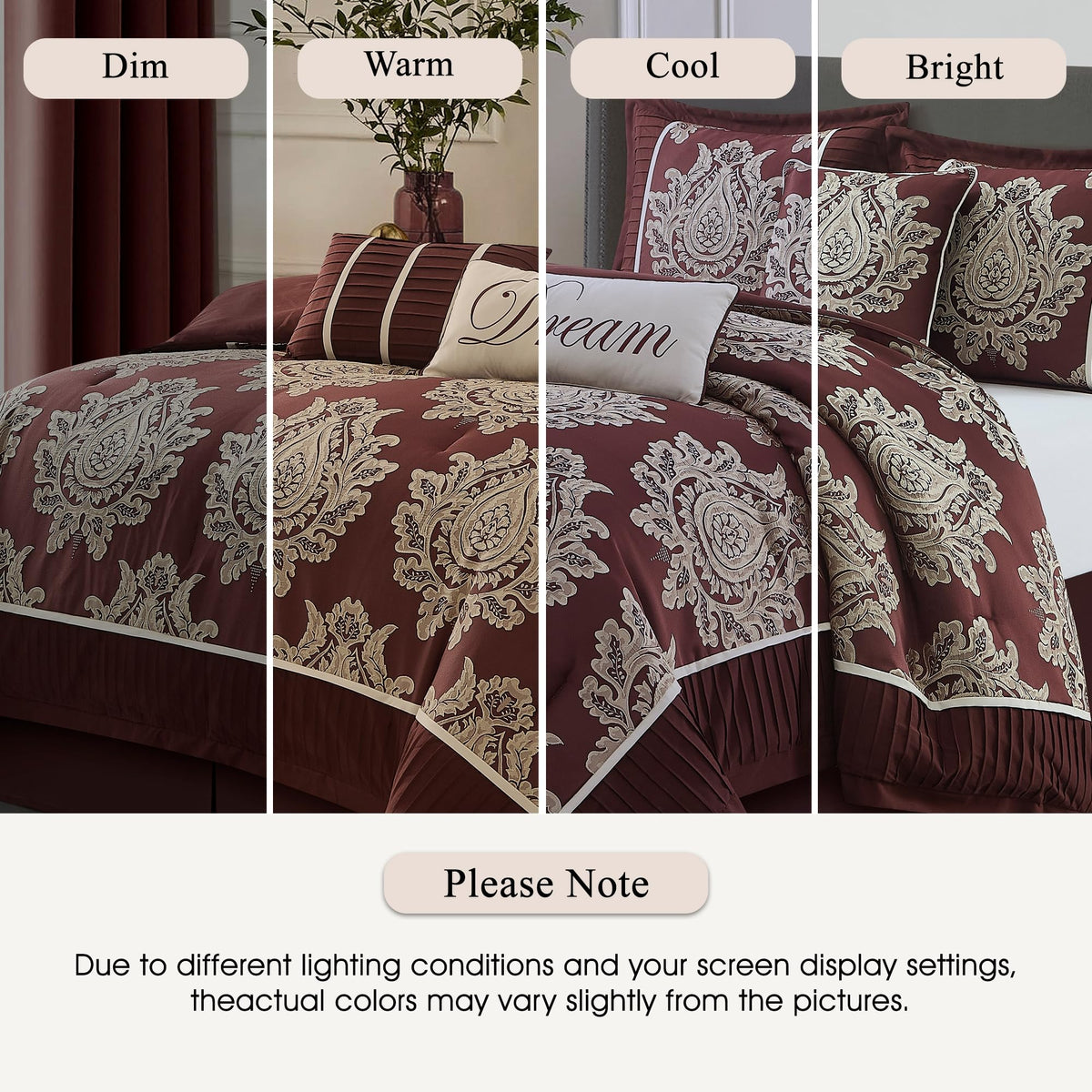 Burgundy Comforter Set, 7 Piece Damask Patchwork Bedding, Jacquard with Matching Solid Piecework Bedding