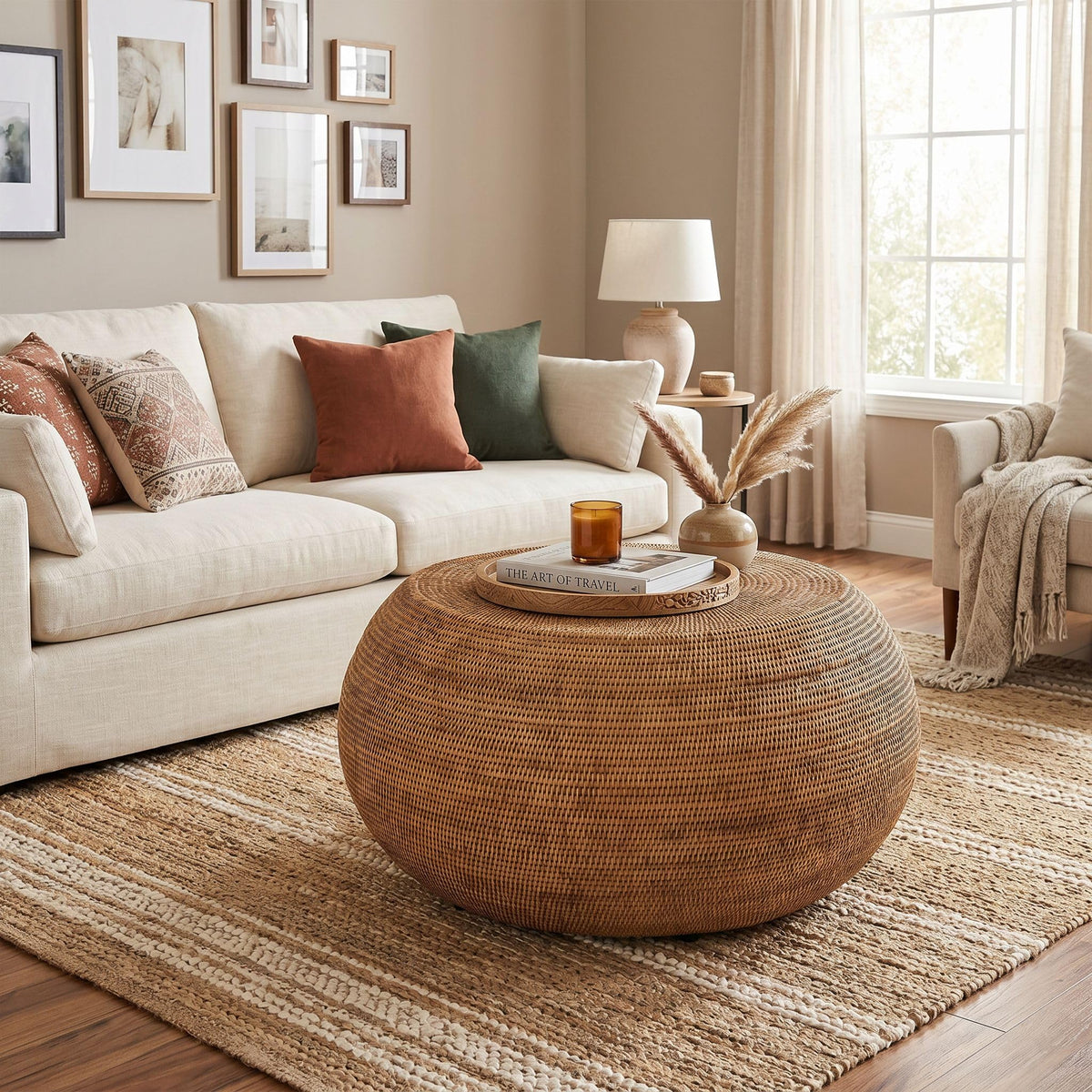 La Jolla Round Rattan Coffee Table, Boho Drum Table, Honey Brown