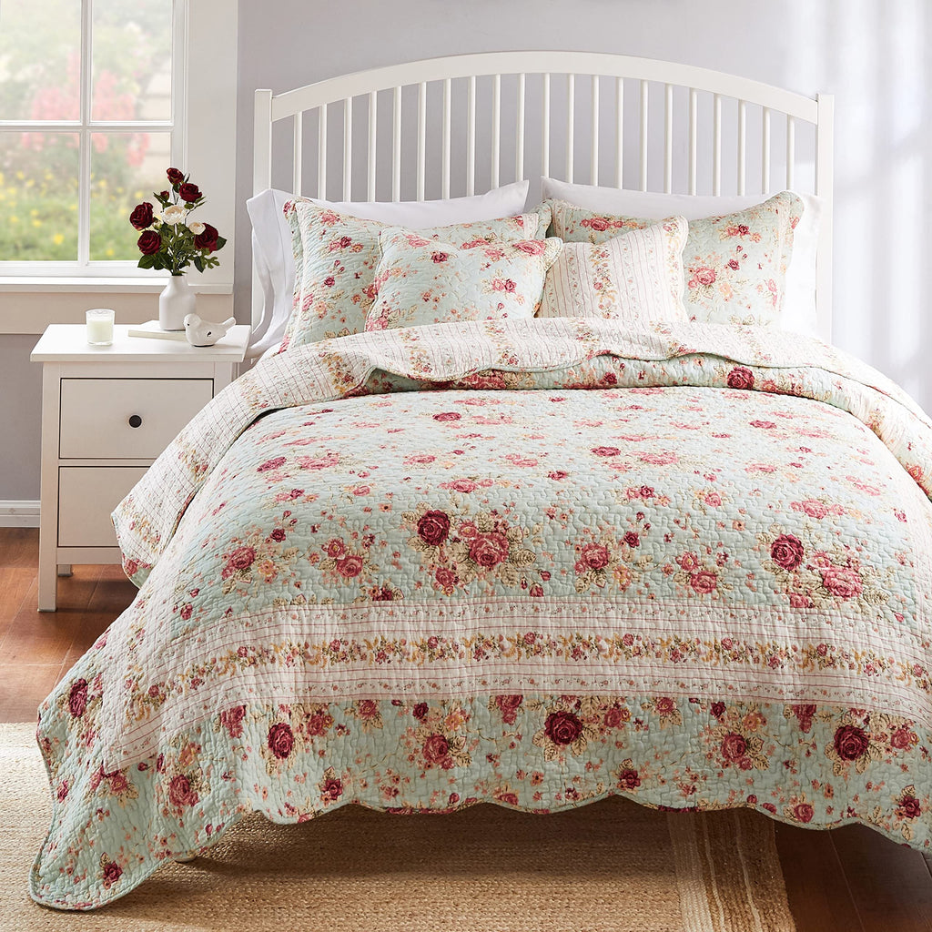 Antique Rose 100% Cotton Heirloom-Quality Quilt Set, 5-Piece, Blue