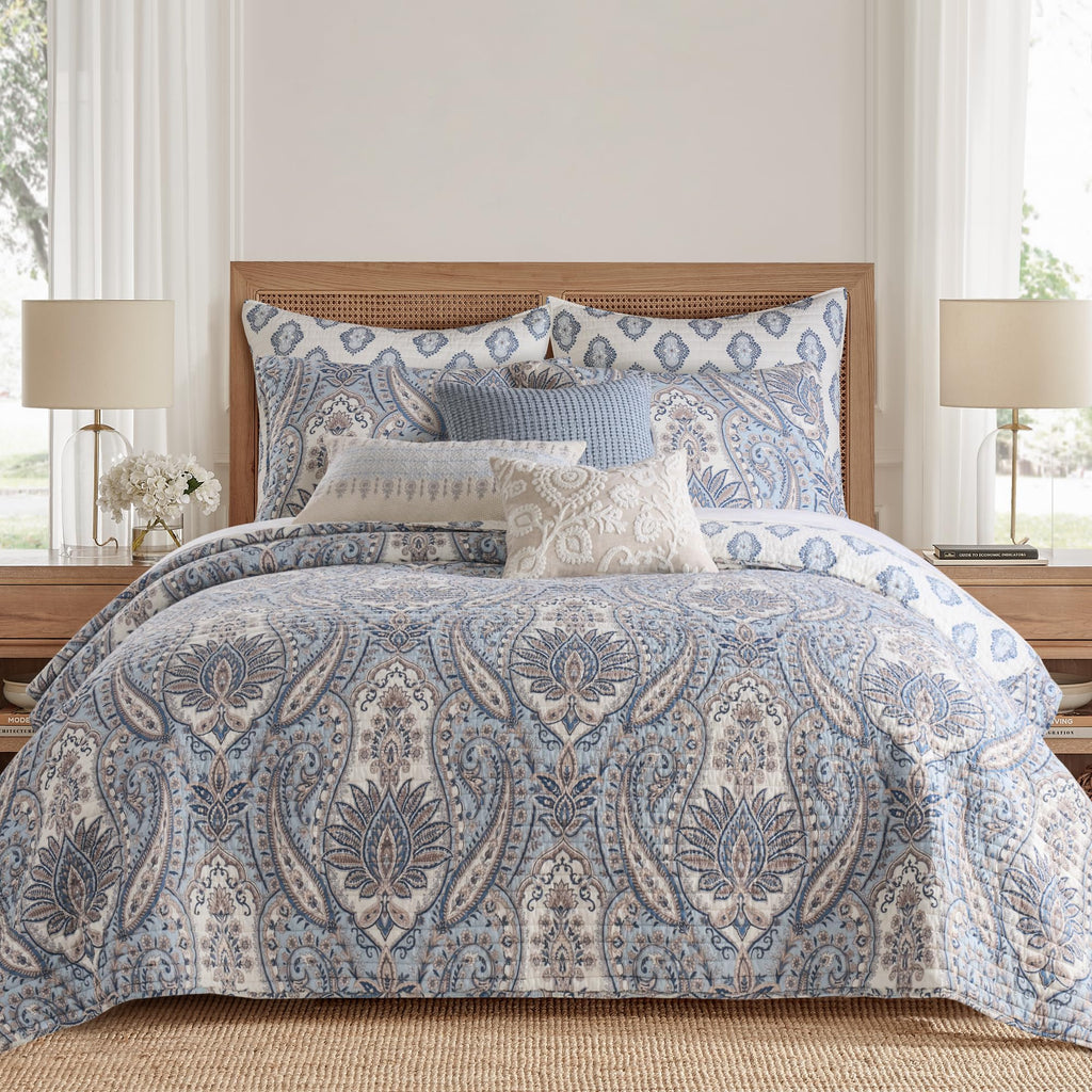 Kasey Blue Euro Sham Set - Two 26x26in Shams - Medallion Print - Blue and Cream - Quilted - Cotton - No Inserts