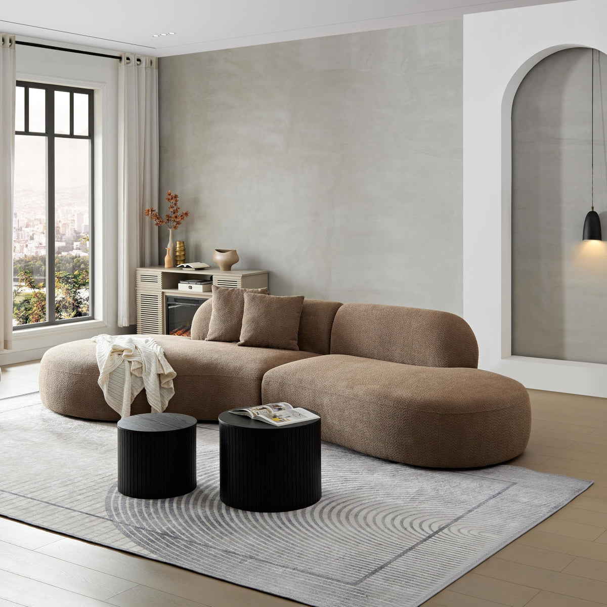 135.4" Sectional Curved Sofa, Boucle Fabric Upholstered Modern Sofas with 2 Pillows, 6 Seater Oversized Modular