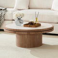 35.43" Round Coffee Table Sintered Stone for Living Room, Round Wood Pedestal Coffee Table with Travertine Texture Tab