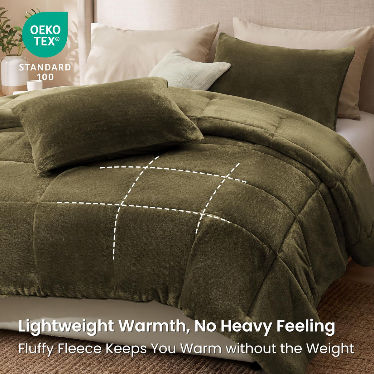 Flannel Comforter Set, Plush Jacquard, Olive Green