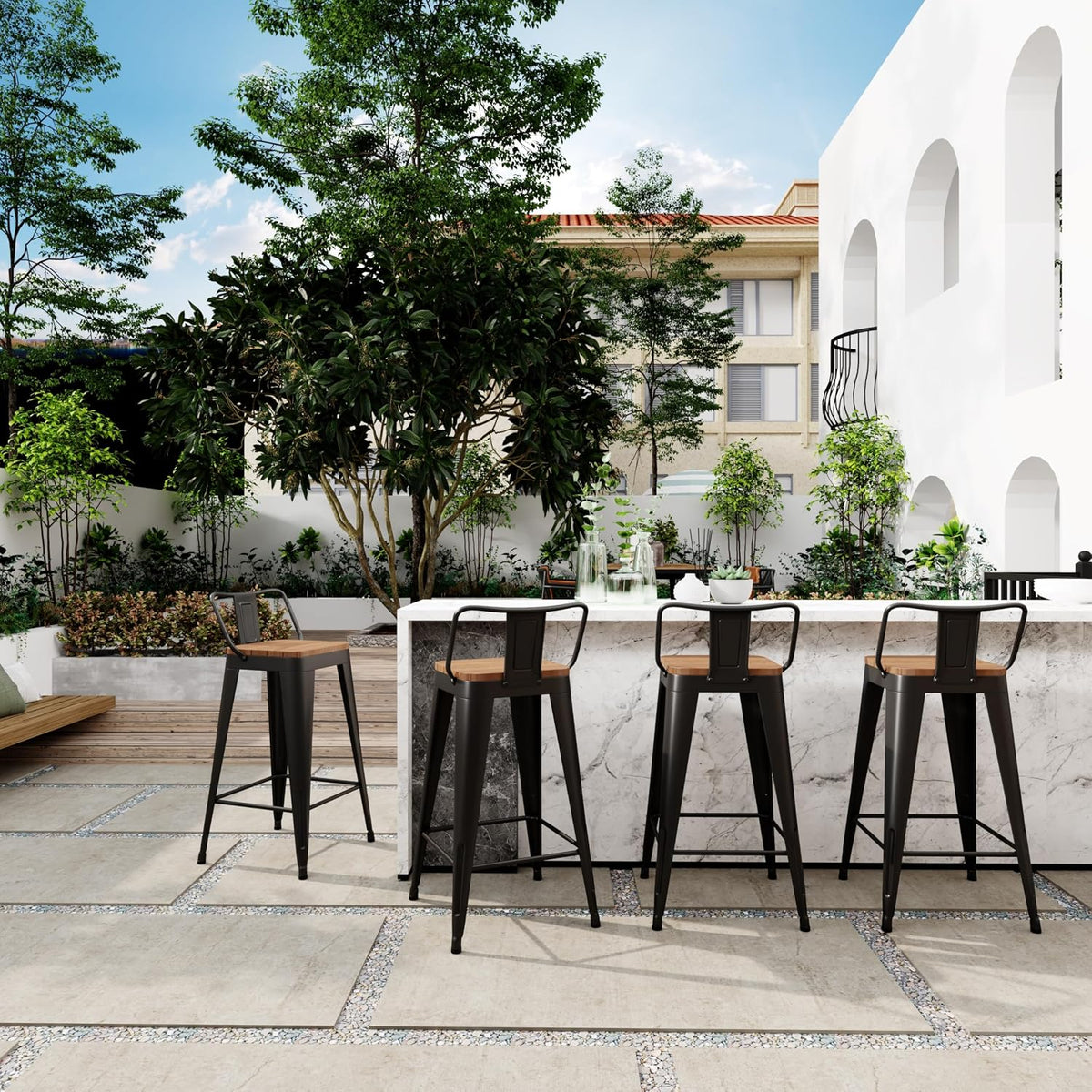 Outdoor Patio Bar Stools Set of 4 with Back,Arlunar Counter Height Industrial Metal Barstools with Removable Back 26"