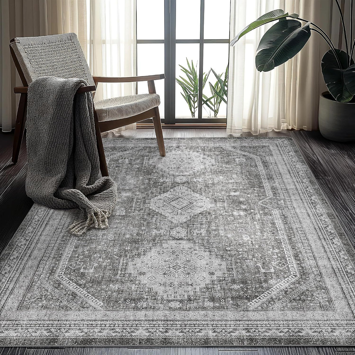 Non Slip Area Rug, Vintage Washable Rug Grey