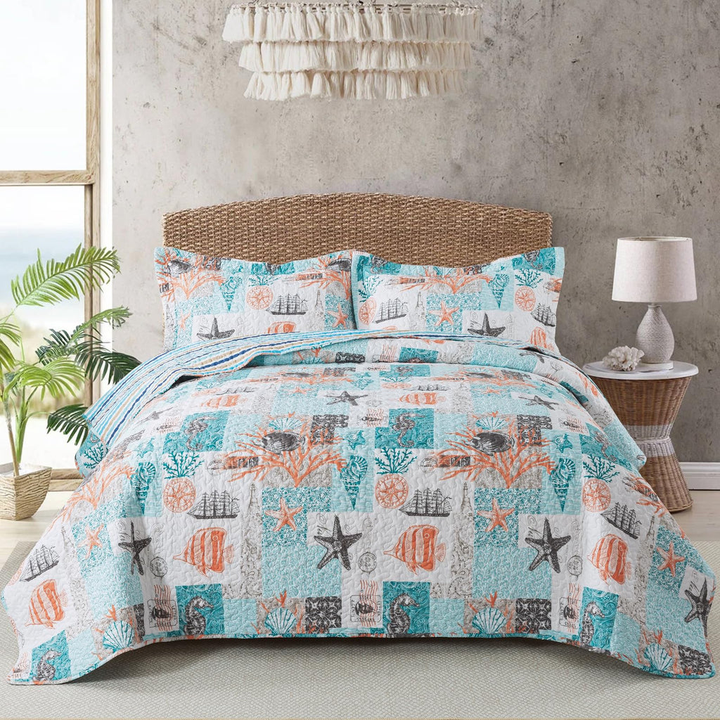 Coastal Quilt Summer Quilt, Ultra Soft & Lightweight Beach Quilt Bedding Set