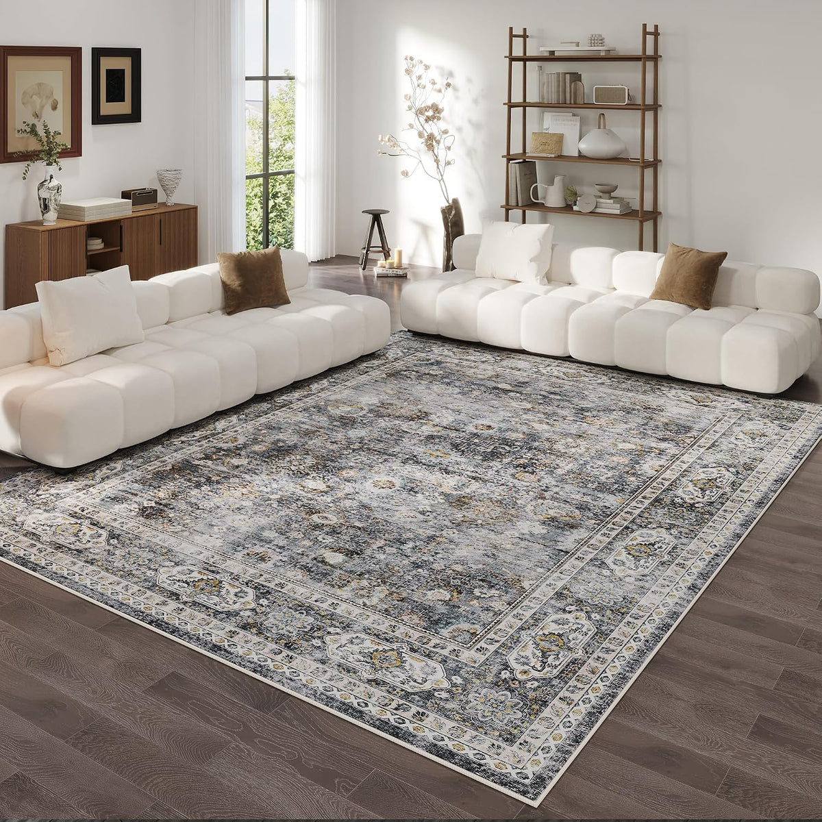 Large Living Room Rug Washable Non Slip Vintage, Grey