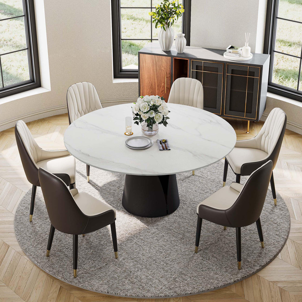 Inspired Saarinen Style 59" Modern Round Dining Table, Marble Round Dining Room Table for 6, Matte White Sintered Stone Tabletop with Black