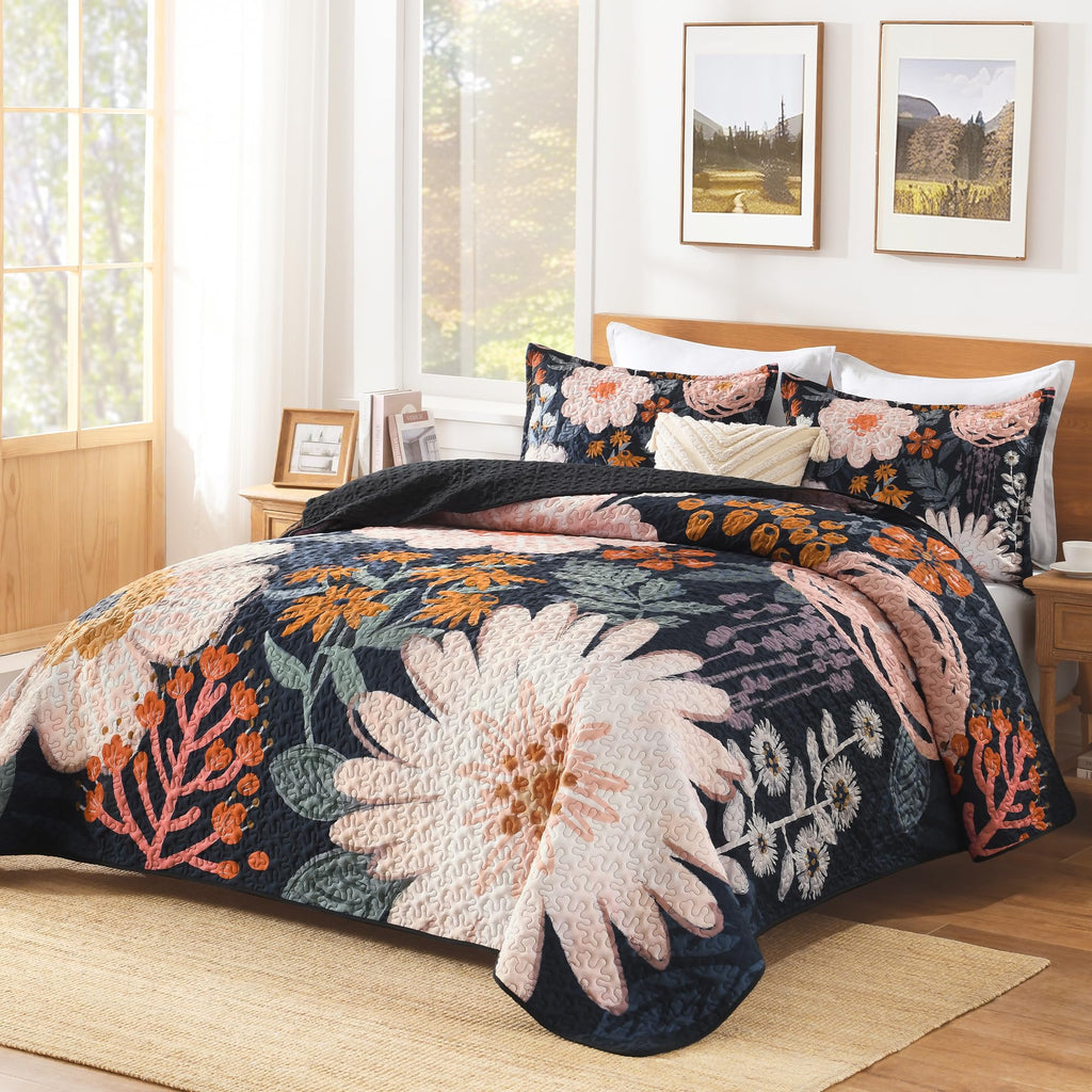 Quilt, Navy Floral Boho Summer Bedspread 3 Pieces