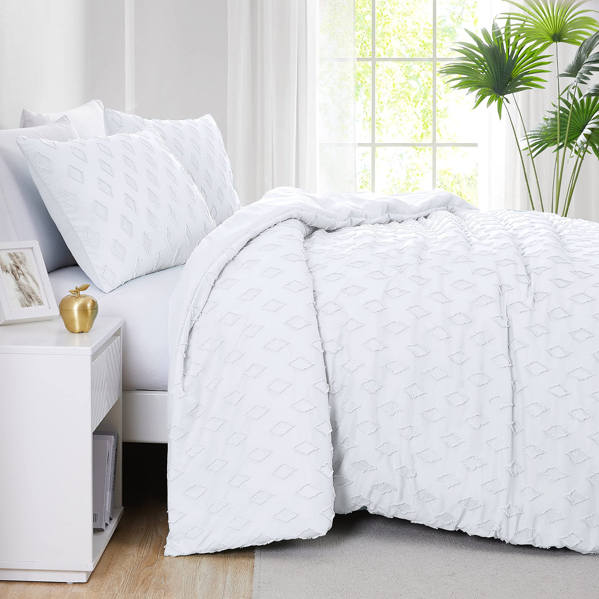 Jacquard Tufted Diamond Pattern Twin/Twin XL Boho Duvet Cover Set - 3-Piece Boho Duvet Cover with Zipper Closure