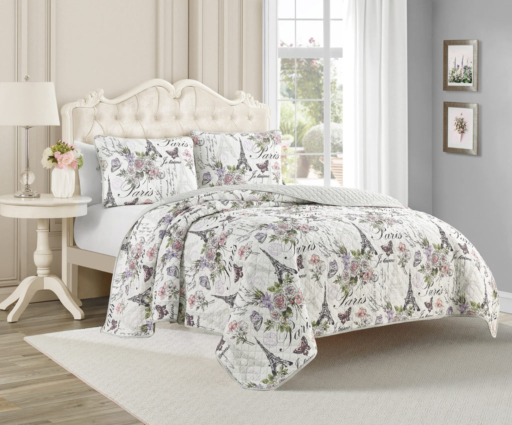 Resort Paris Floral, Pre-Washed, 3-Piece Reversible, Featuring, Eiffel Towers, Roses, Botanical Leaves, Postcards