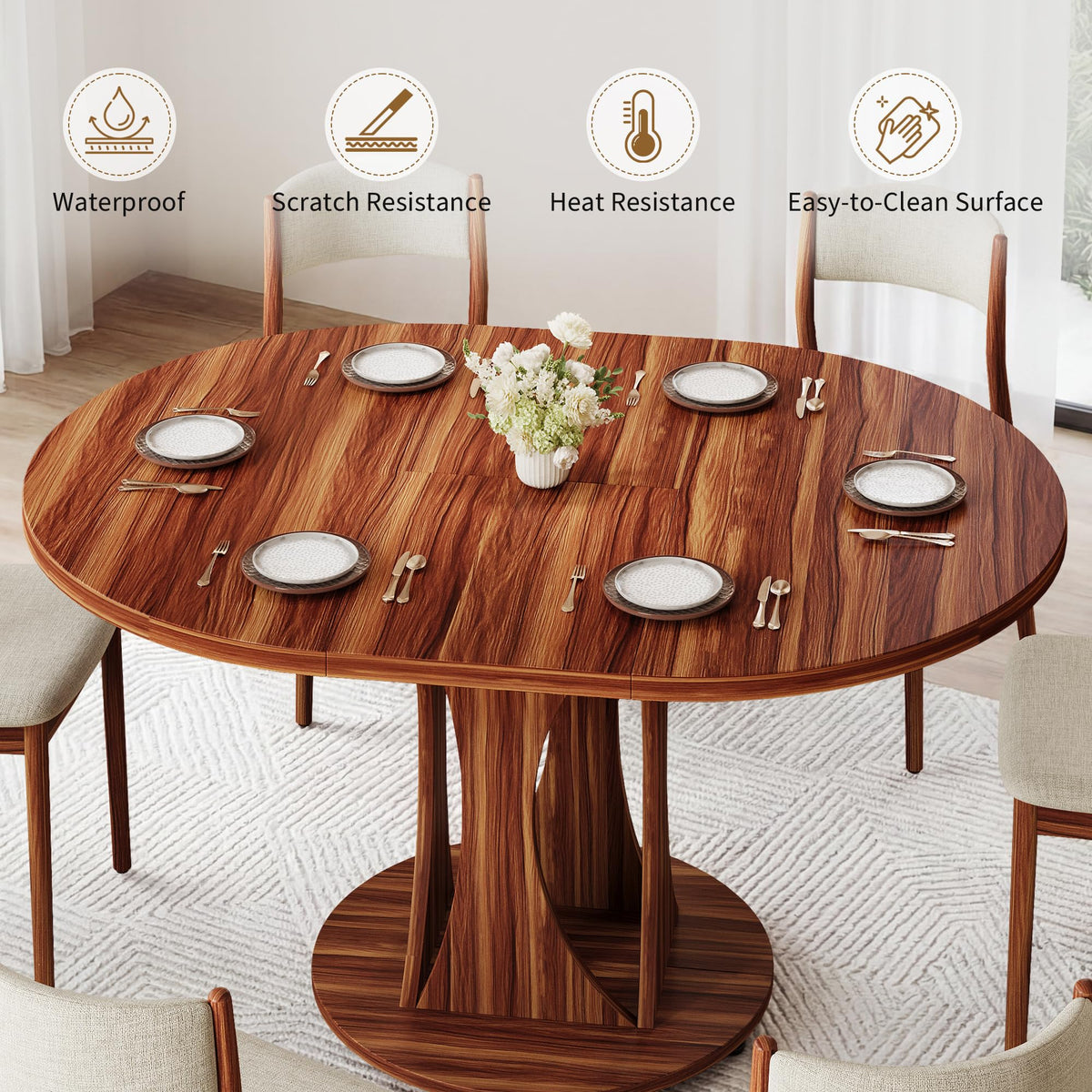 Inspired Saarinen Style 43"-59" Extendable Dining Table, Round Kitchen Table with Modern Arcs Pedestal, Oval Dinner Table with Removable