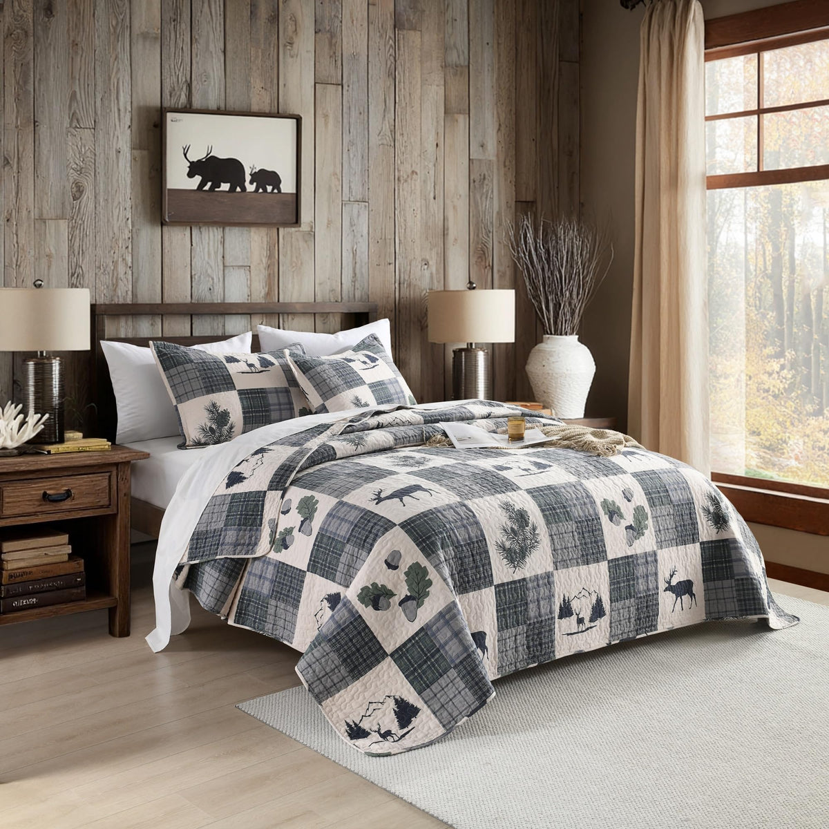 Cabin Quilt Set 100% Cotton Bedding Sets Rustic Style Plaid Patchwork