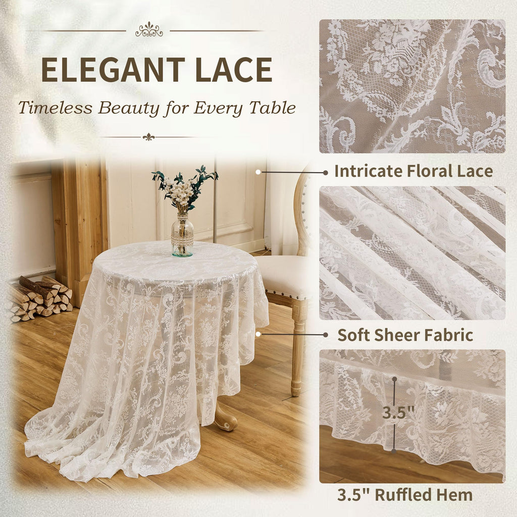 White Lace Tablecloth, Floral 60" Round Table Cloth