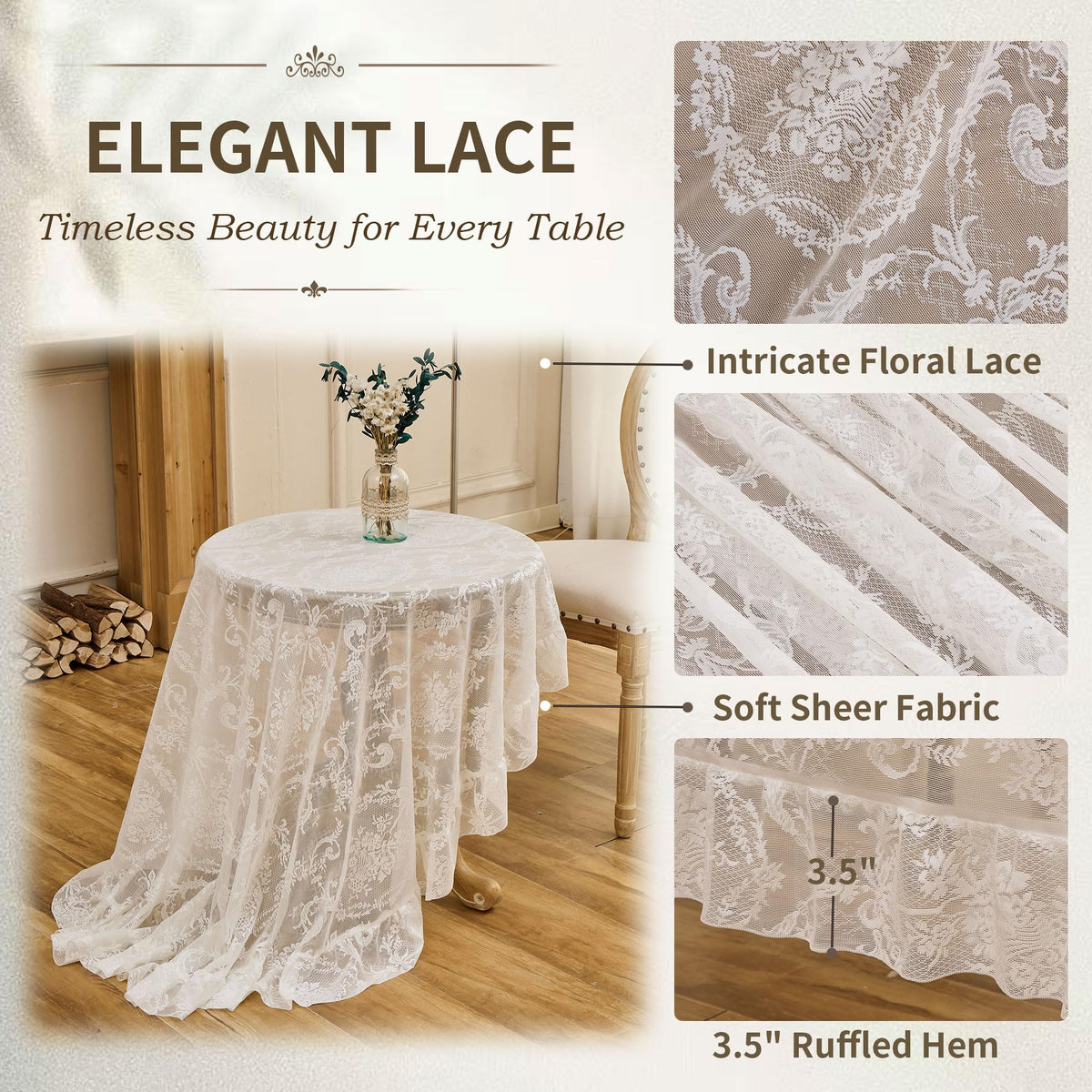White Lace Tablecloth, Floral 60" Round Table Cloth