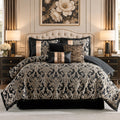 Gold Black Jacquard Comforter Set, 7 Piece Damask Bedding