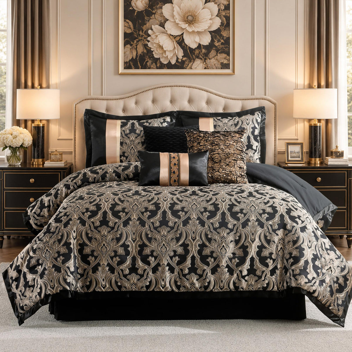 Gold Black Jacquard Comforter Set, 7 Piece Damask Bedding