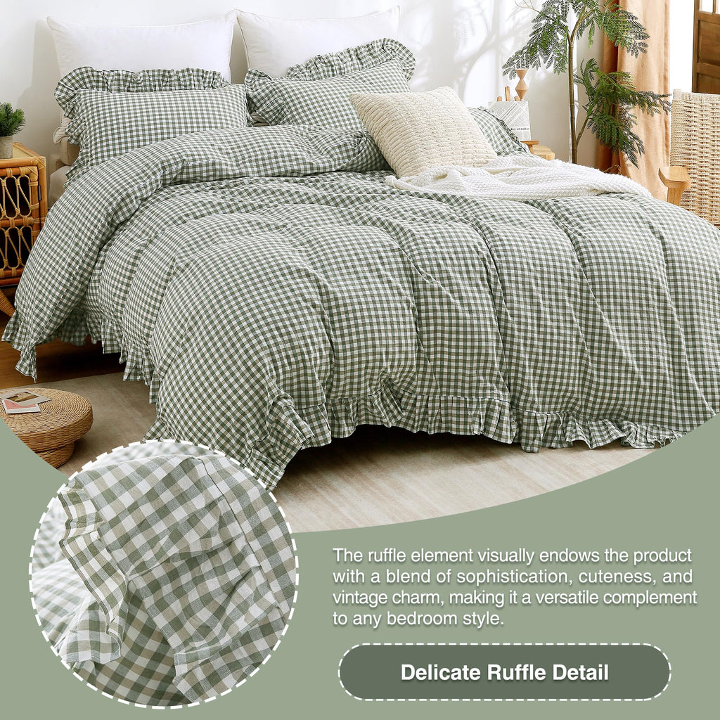 Green Gingham Ruffle Duvet Cover Set Cotton Like Linen