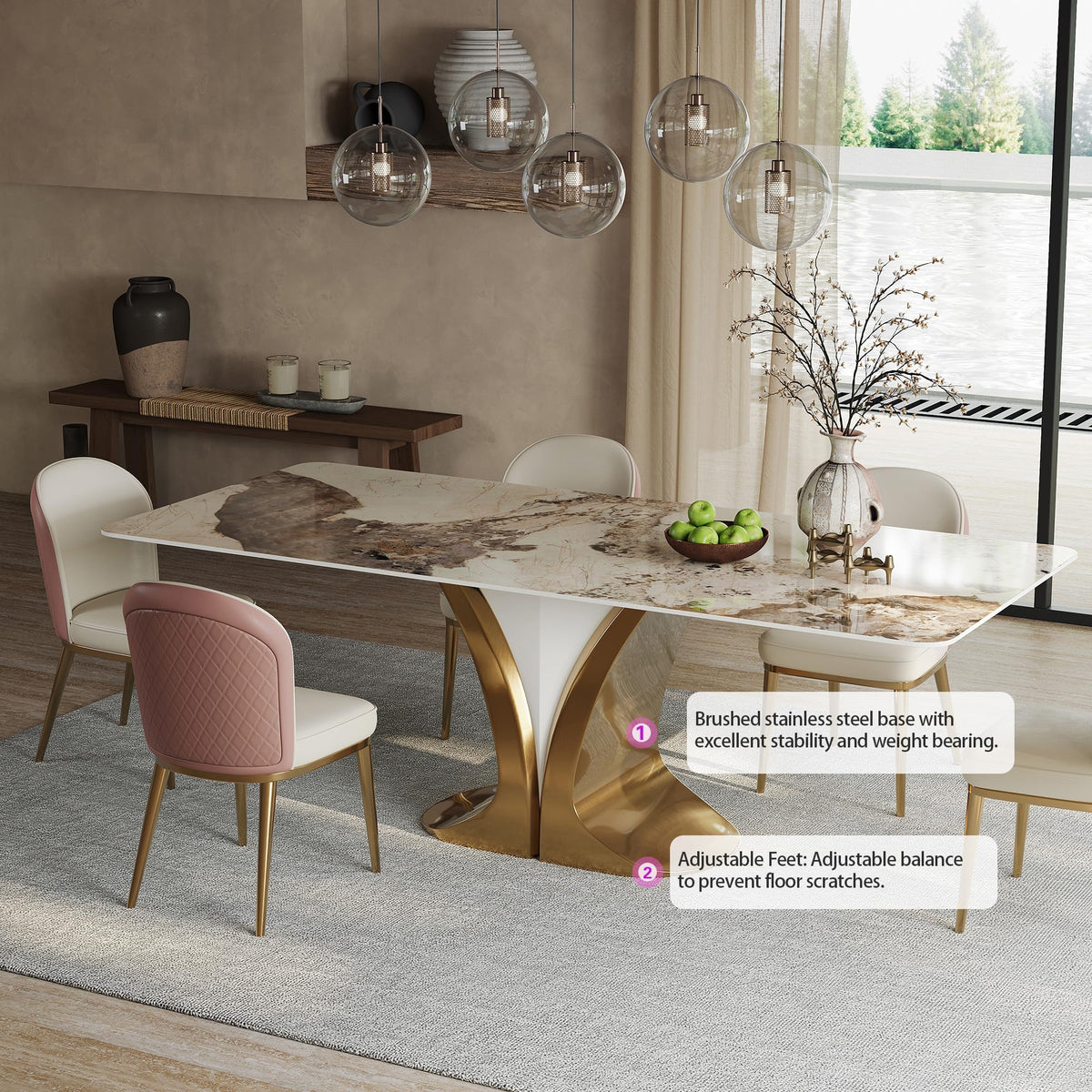 79'' Rectangular Dining Table for 8-10 People, Modern Sintered Stone Kitchen Table Top with Gold Metal Legs, Luxury