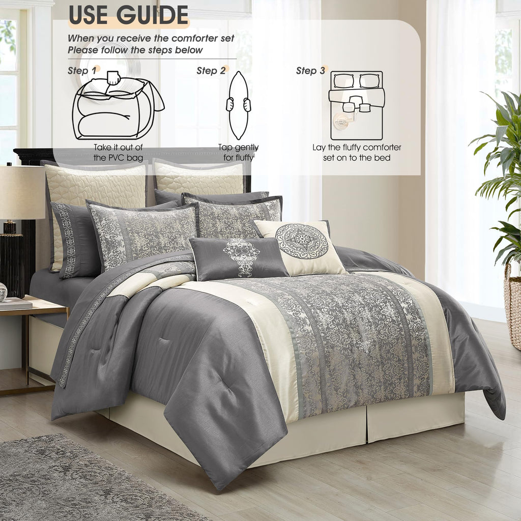 Comforter Set, Grey Beige, Traditional Jacquard Woven with Embroidery, 12 Pieces Bedding Set with Sheets