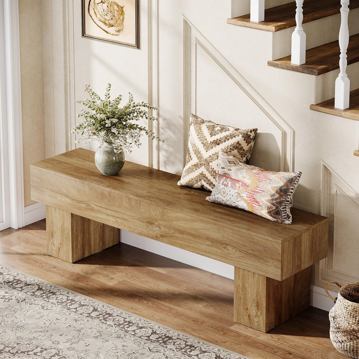 63" Long Entryway Bench, Rustic Farmhouse End of Bed Bench, Wooden Shoe Bench Seat, End of Bed, Light Brown