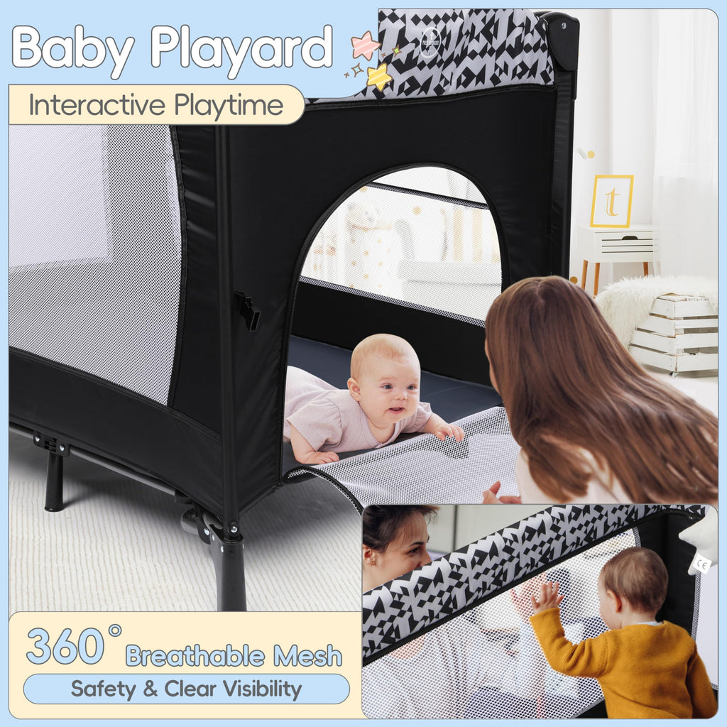 5-in-1 Play Yard, Baby Bassinet Bedside Sleeper with Diaper Changer, Storage Bag & Music Box, Portable Baby Crib