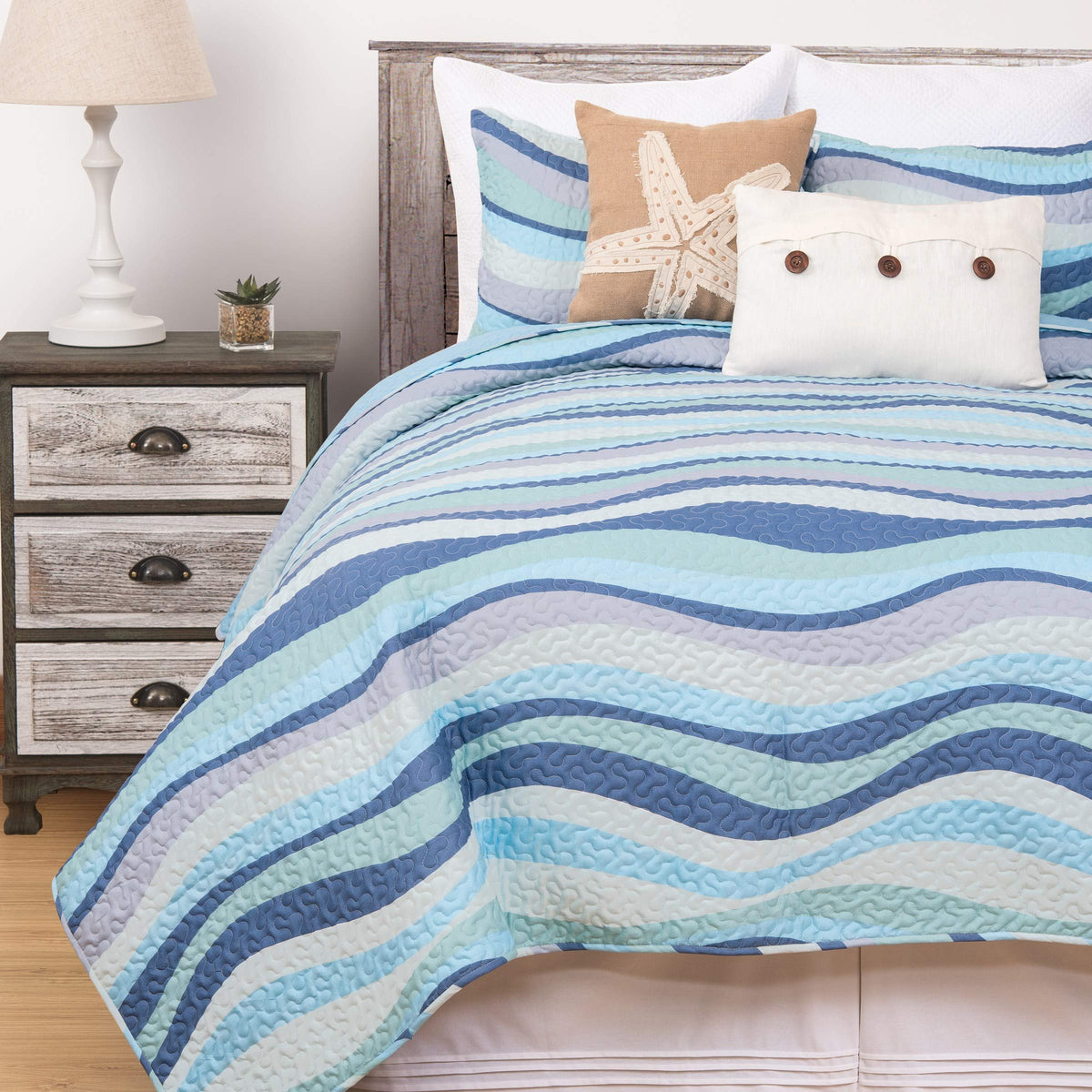 Sea Waves Blue Ocean 2-Piece Quilt Set