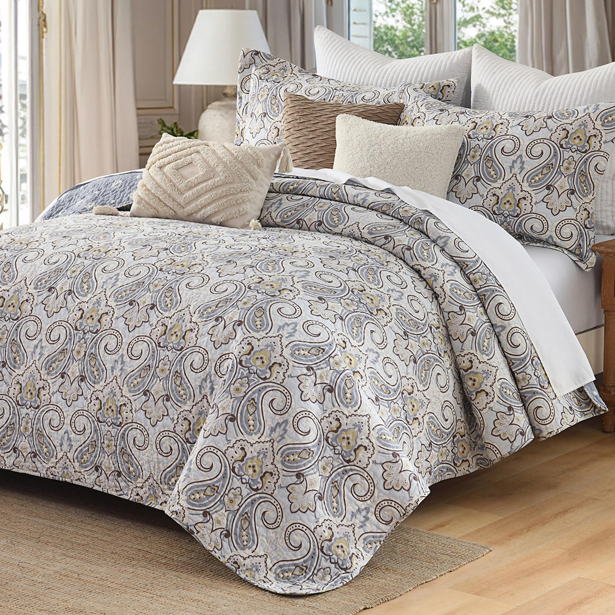 Paisley Quilt Set - 100% Cotton Bedding Blue/Gray/Taupe 3Pcs