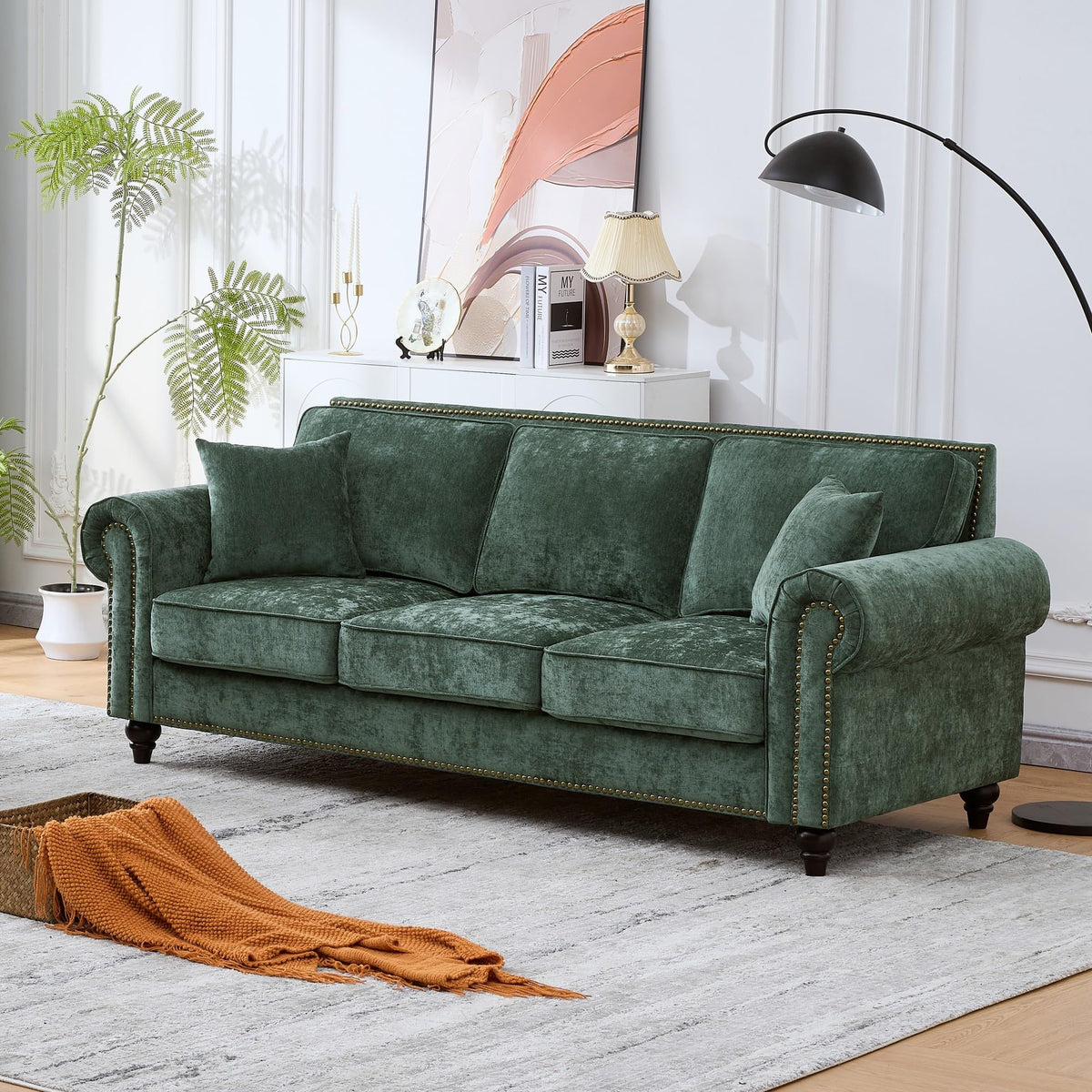 86.5" Chesterfield Sofa with Rolled Arms and Nailhead Trim, Mid-Century Modern Chenille Upholstered 3-Seater Couch