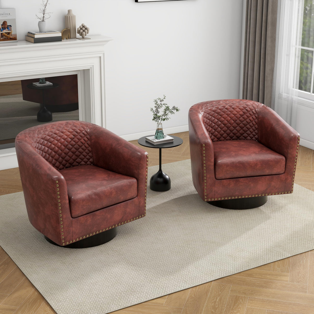 PU Leather Swivel Accent Chairs Set of 4, Barrel Club Chair, Red Brown