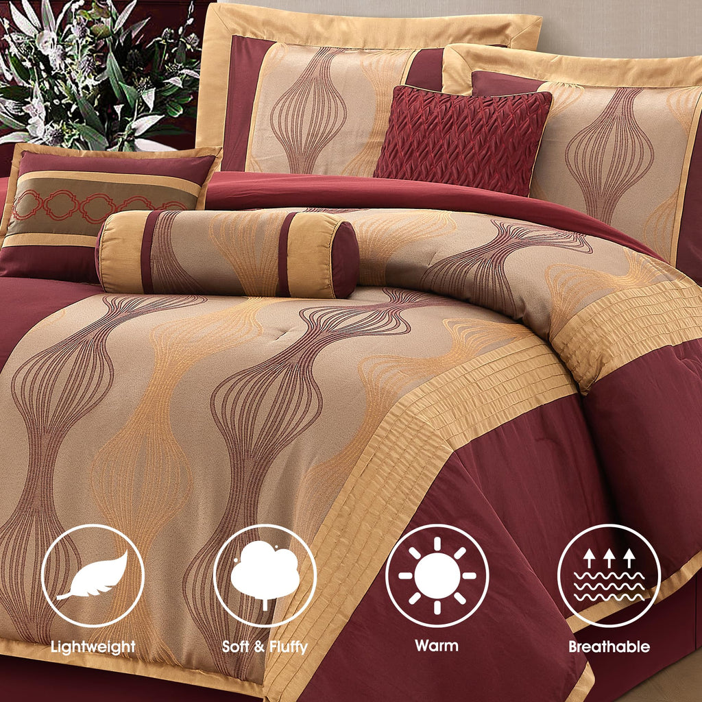 King Comforter Set, Wine Gold, 15 Pieces Room in a Bag, Ultra Soft Jacquard with Patchwork, Luxury Bed Set with