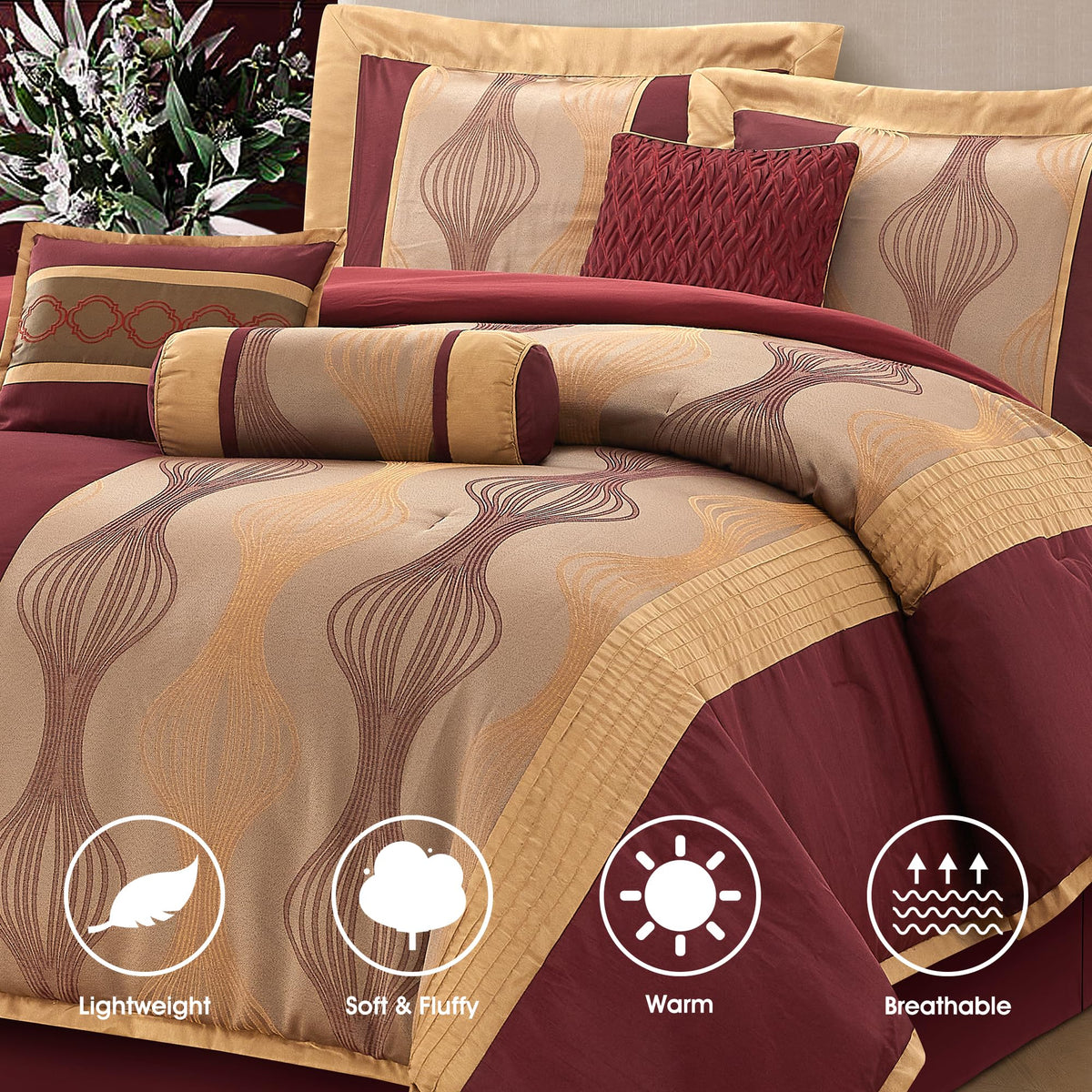 King Comforter Set, Wine Gold, 15 Pieces Room in a Bag, Ultra Soft Jacquard with Patchwork, Luxury Bed Set with