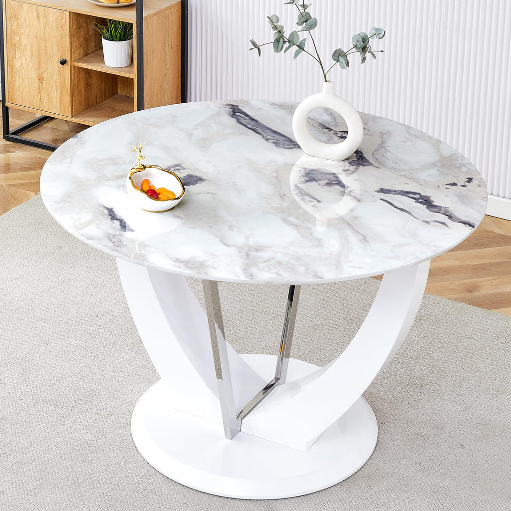 Inspired Saarinen Style Round Dining Table for 4/6, 47 Inch Faux Marble Look Dining Room Table, White Kitchen Table with Stable Pedestal