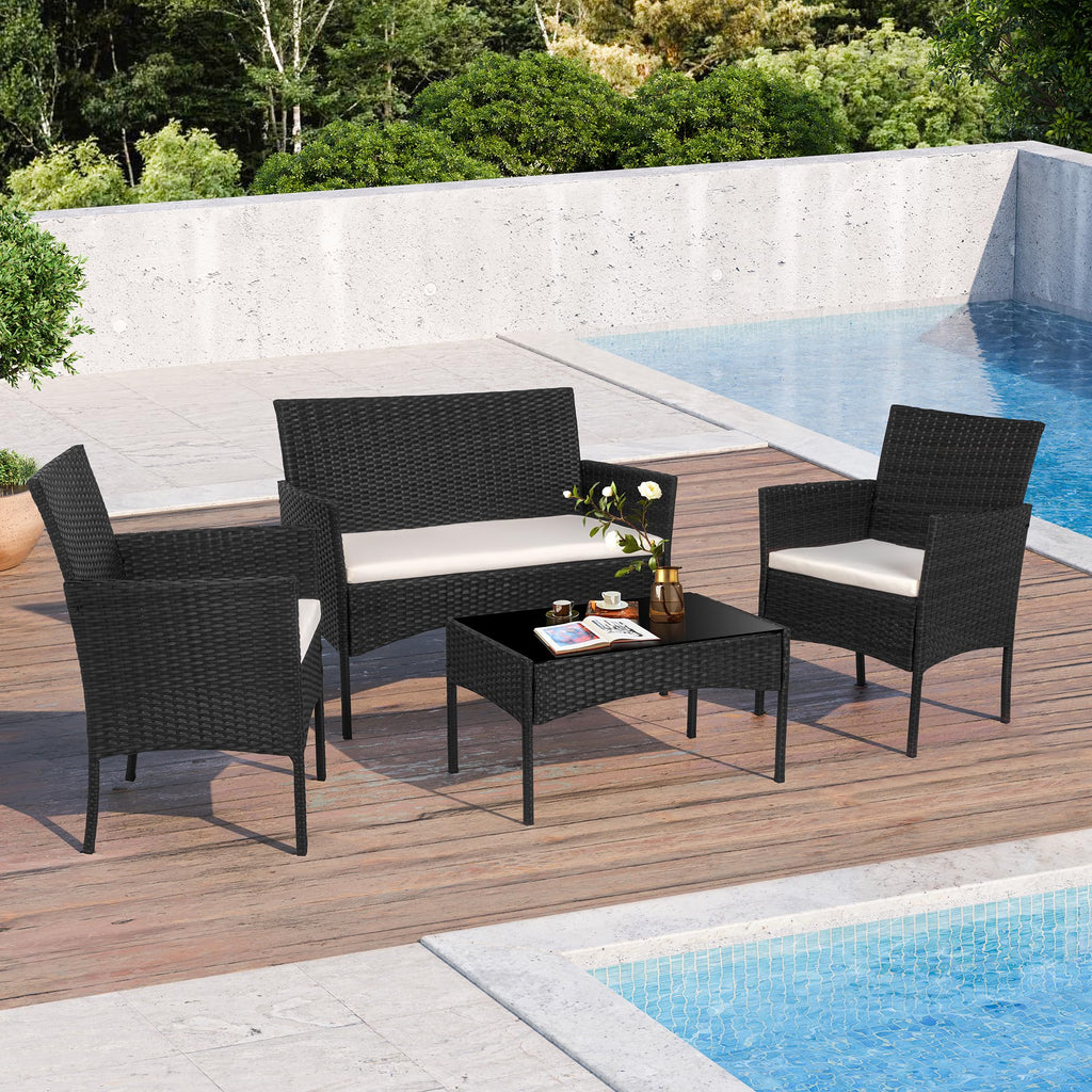 4 Piece Outdoor Patio Furniture Sets, Small Wicker Patio Conversation Furniture Rattan Chair Set with Tempered Glass
