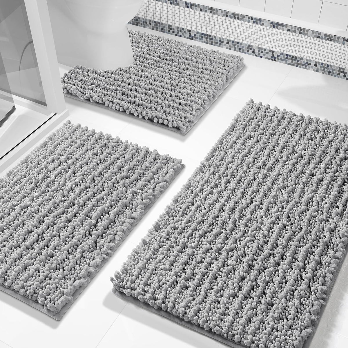 Bathroom Rug Set 3 Piece - Super Absorbent Quick Dry Chenille Bath Mats & Toilet Rug, Non Slip Machine Washable