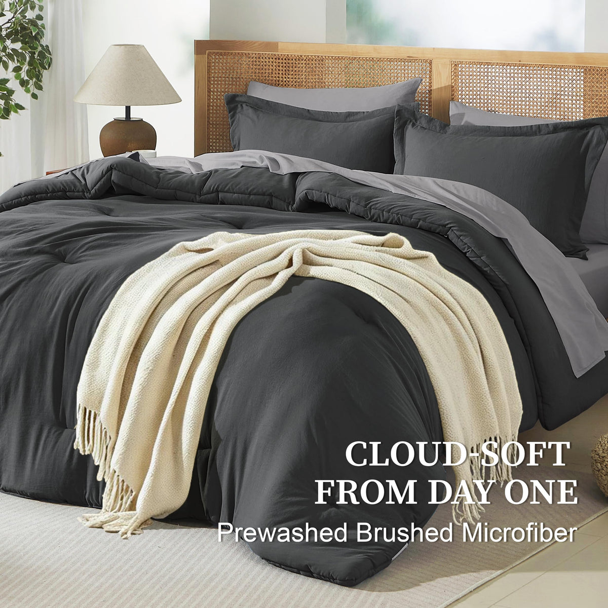 Prewashed Comforter Set 7 Pieces, Drak Gray Bed Set