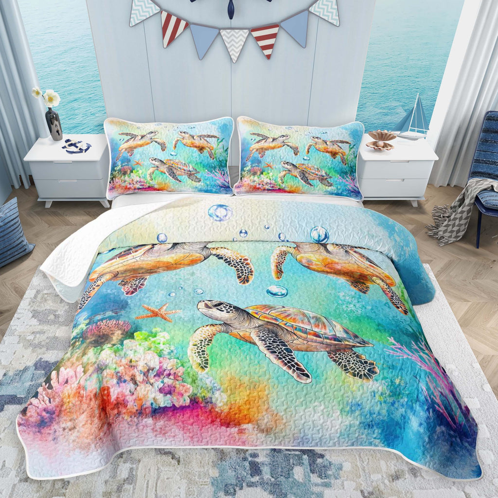 Sea Turtle Coastal Beach Quilts for Bed