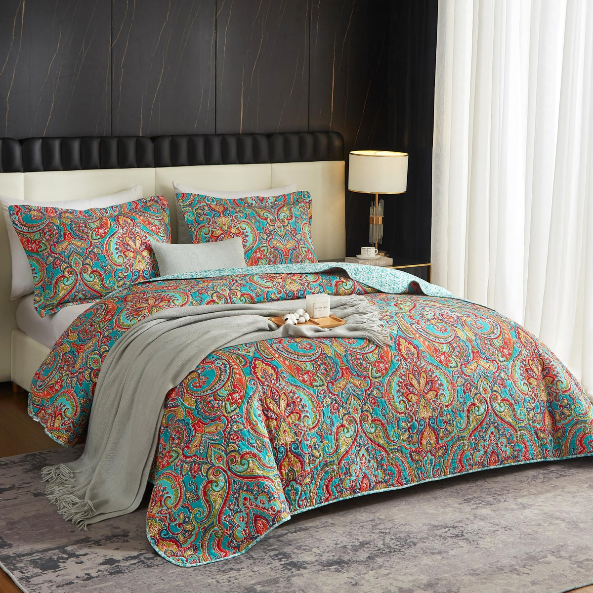 100% Cotton Boho Quilt Set King Size Vibrant Bohemian Paisley Bed Coverlet